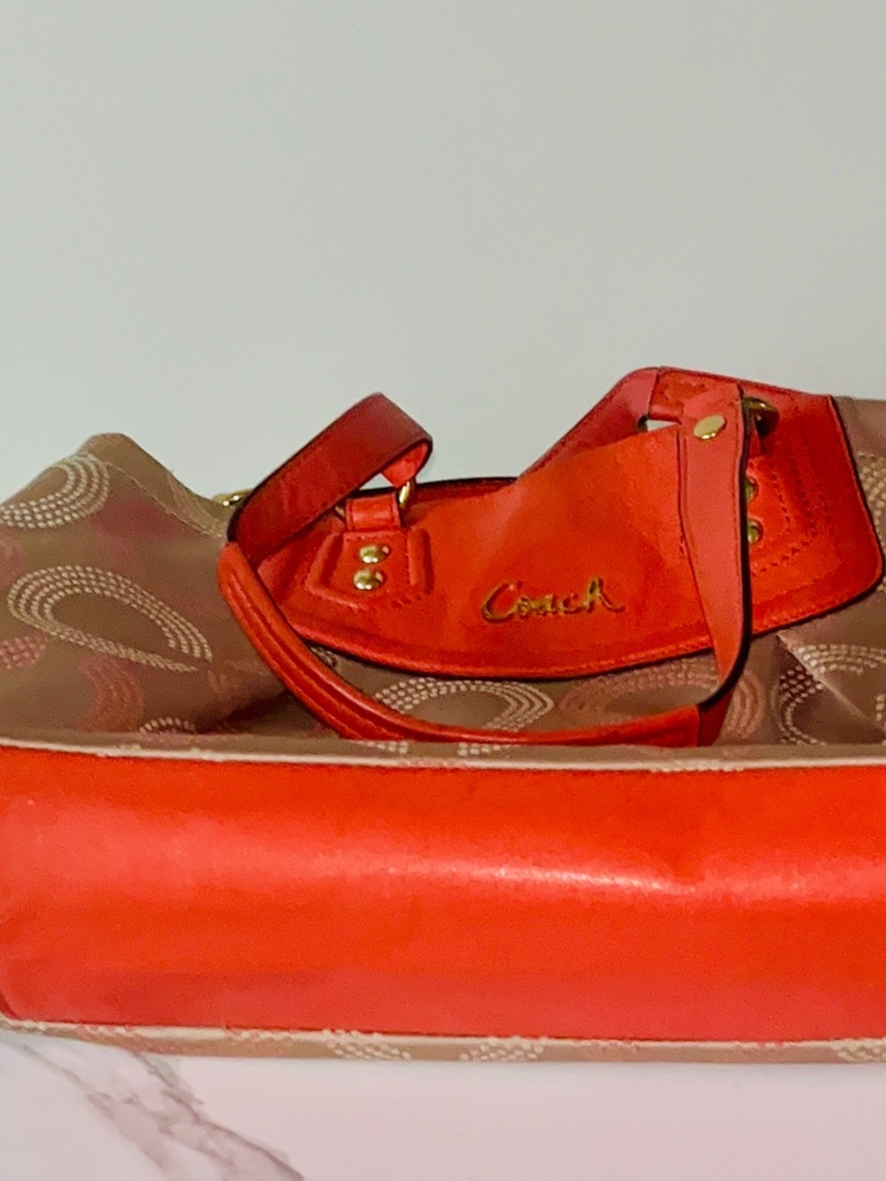 Coach Beige Signature Tote with Bright Orange Leather Trim - Picture 7 of 8